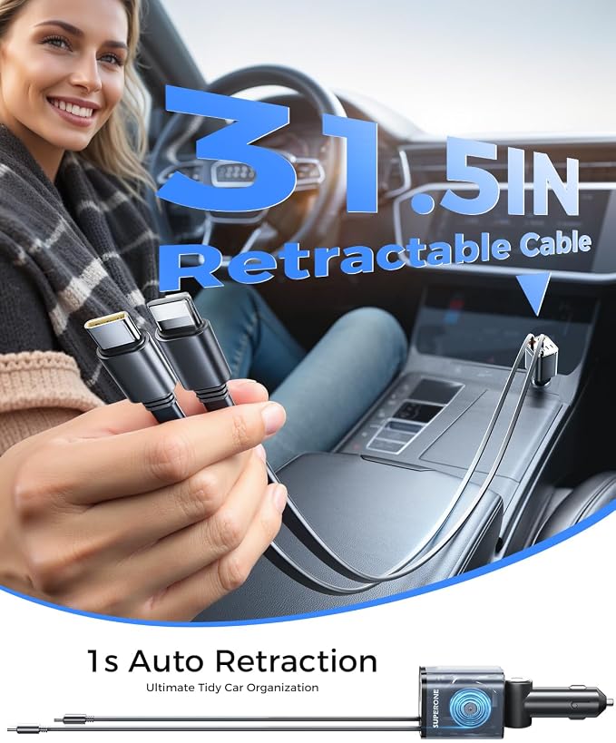 Upgraded SUPERONE Retractable Car Charger, [Ultra-Compact] 6-Port Car Charger USB C, iPhone Car Chargers Fast Charging with USB C & Apple Cable, RV Power Adapter for iPhone 17/16/15/14/13/12 | iPhone Car Chargers Fast Charging with USB C & Apple Cable,...