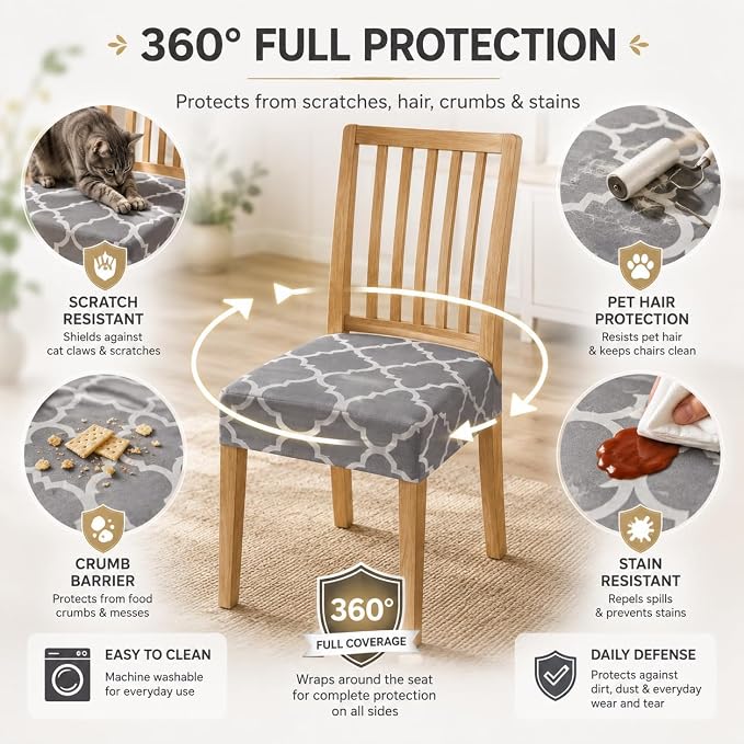 NILUOH Waterproof Seat Covers for Dining Room Chairs Set of 4, Stretch Printed Chair Seat Slipcovers Dining Chair Cover Removable Washable Chair Protctor Cover, Rear Covers