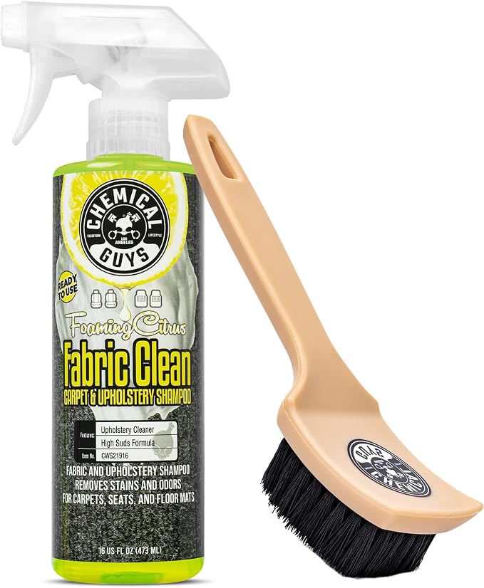 Chemical Guys Fabric Clean Carpet and Upholstery Cleaner Kit, 16 fl oz | With heavy duty nifty interior brush, citrus scent kit, fabric spray and interior brush combo kit, ready for immediate use
