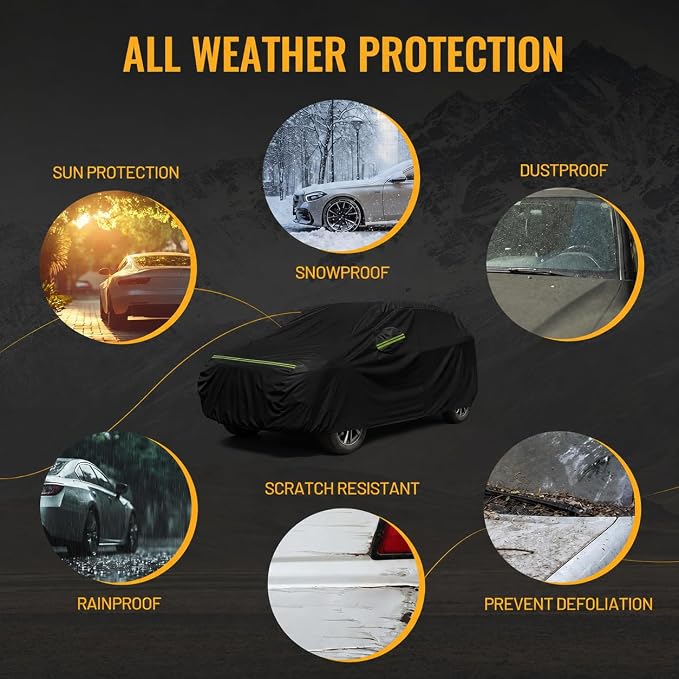 Favoto Car Cover Waterproof All Weather Windproof for SUV 188-198 Inches | UV Protection, Soft Cotton Lining, Driver Door Zipper, Reflective Strips and Storage Bag Included with Vehicle Fitment Black