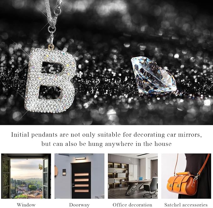 DXNQ Bling Initial Car Rear View Mirror Ornament, Crystal Sparkling Cute Letter Charm Pendant Auto Decor, Hanging Lucky Diamond Initial Charm Car Mirror Bag Ornament for Girl Women (Letter B)