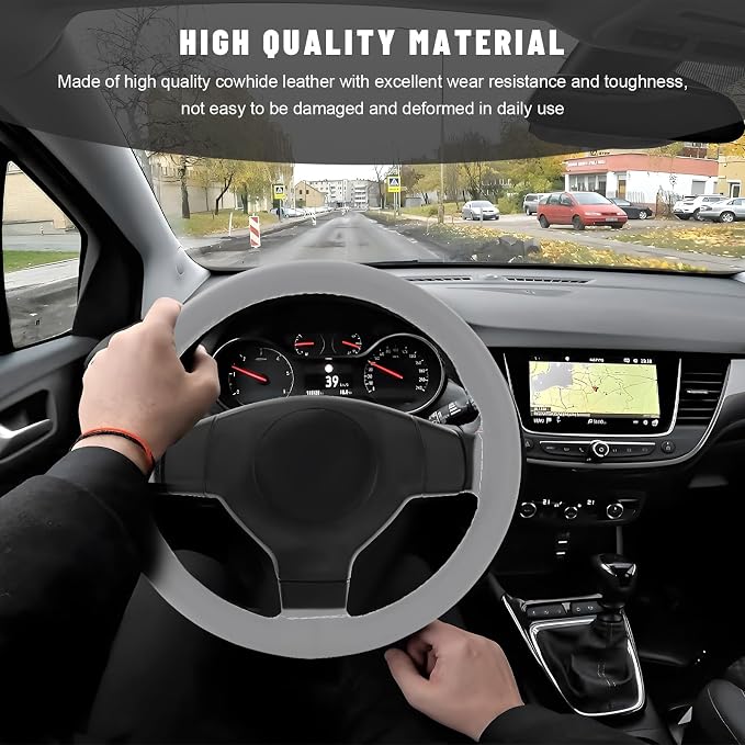 Genuine Leather Steering Wheel Cover, 15 Inch Stitch on Steering Wheel Protector with Needle & Thread, Anti-Slip DIY Sewing Wheels Wrap for Most Vehicles (Gray, Glossy)