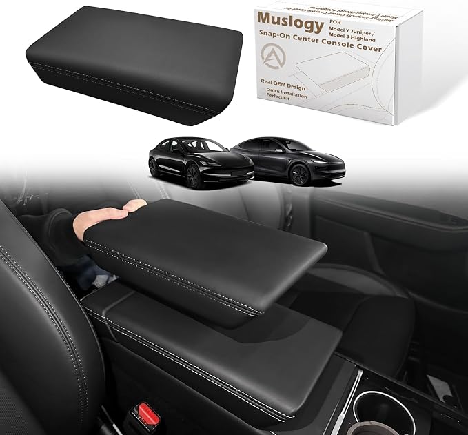Muslogy Center Console Armrest Cover Fit for 2026 2025 Tesla Model Y Juniper & Model Y L (Standard, Premium &Performance) / Model 3 Highland 2024+ Accessories Comfort Armrest Pad Snap-On (Hard Cover)
