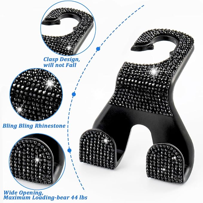 Bling Car Purse Hooks 2Pcs, Rhinestones Car Headrest Hook Backseat | Double Hooks,Holds 44Lbs,Wide Opening,Durable Nylon,Car Seat Hook,Purse Holder,Bling Car Accessories for Women,Black