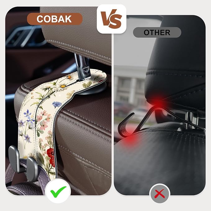 CoBak Purse Hook for Car - Universal Premium Stitched Leather and Aluminum-Magnesium Alloy Double Car Seat Back Storage Hook for Purses, Handbags, Bags (2 Pack),Antique Floralia