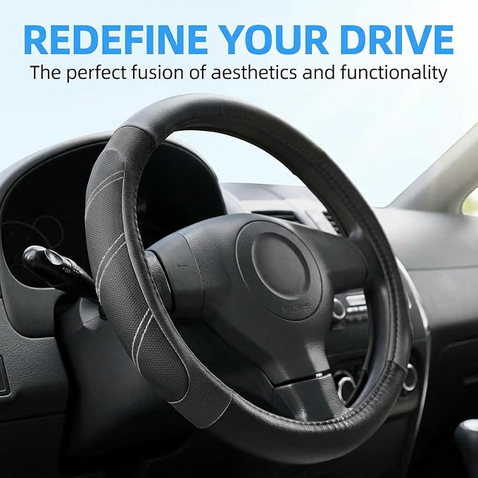 Osilly Car Steering Wheel Cover, 14.5-15" Leather Breathable Anti-Slip Stylish Steering Wheel Protector, Comfortable Auto Interior Decoration Accessories, Universal for SUV Van Truck (Black)