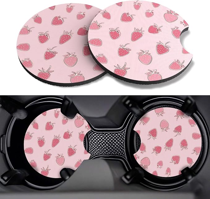 Car Cup Coasters,2 Pack Car Coaster,2.75inch Anti Slip and Absorbent Cars Coasters for Cup Holders,Car Accessories for Women,Cute Decor for Women (Sweet Strawberry)