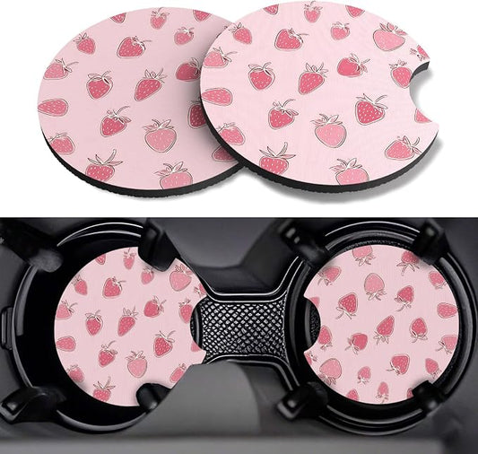 Car Cup Coasters,2 Pack Car Coaster,2.75inch Anti Slip and Absorbent Cars Coasters for Cup Holders,Car Accessories for Women,Cute Decor for Women (Sweet Strawberry)