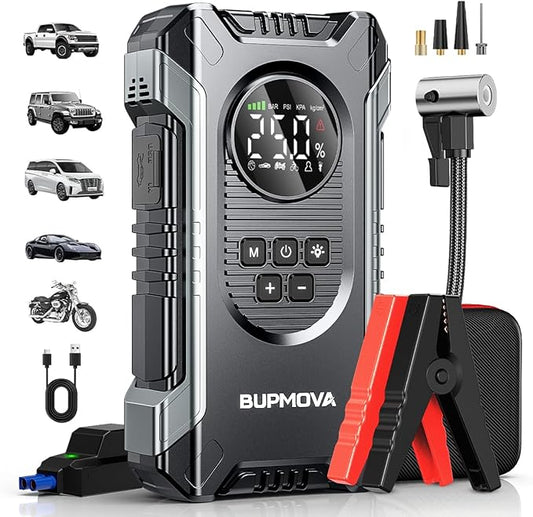 8000A Jump Starter with Air Compressor, 150PSI | For All Gas & 10L Diesel Vehicles. Tire Inflator, Power Bank, LED Light. Portable w/ Storage Case