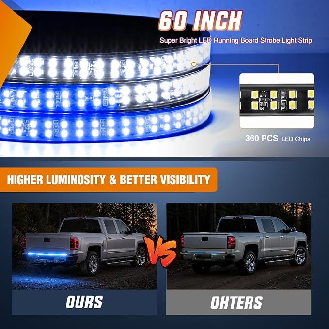 Nilight 60 Inch Truck Tailgate Strobe Light Strip Tail Emergency Bar Rear Window Warning Lamp Ultra-Bright Double Row 360 LED for Pickup Trailers Construction Vehicles Car SUV, Blue White
