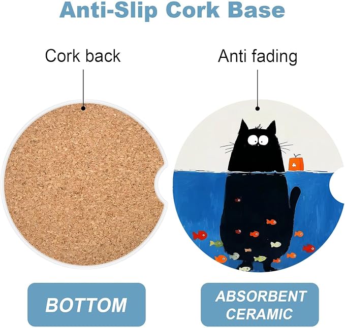 Car Cup Holder Coaster Set of 2, 2.56 in Ceramic Coasters, Scratch-Resistant Cork Backing, Finger Groove Design for Easy Placement, Cute Car Accessories Interior for Women (Kitten Diving)