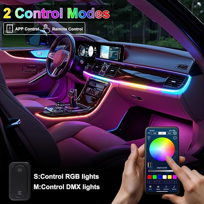 Dreamcolor Acrylic Interior Car LED Strip Lights, 10 in 1 Ambient Lighting Kit with Wireless APP, Dynamic Chasing Music Sync Fiber Optic Lights with DIY Mode, Car Inside Lighting Accessories