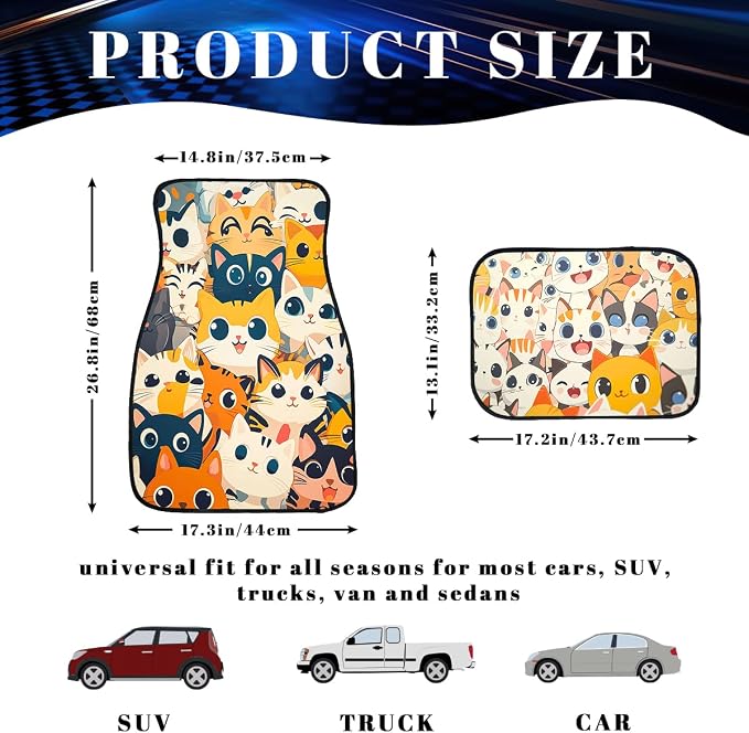 Cat Car Floor Mats Set of 4 Cute Cartoon Colorful Kawaii Anime Carpet Front Rear Carpets Mat Non-Slip Auto Car Accessories Universal Fit for Car SUV Truck Van