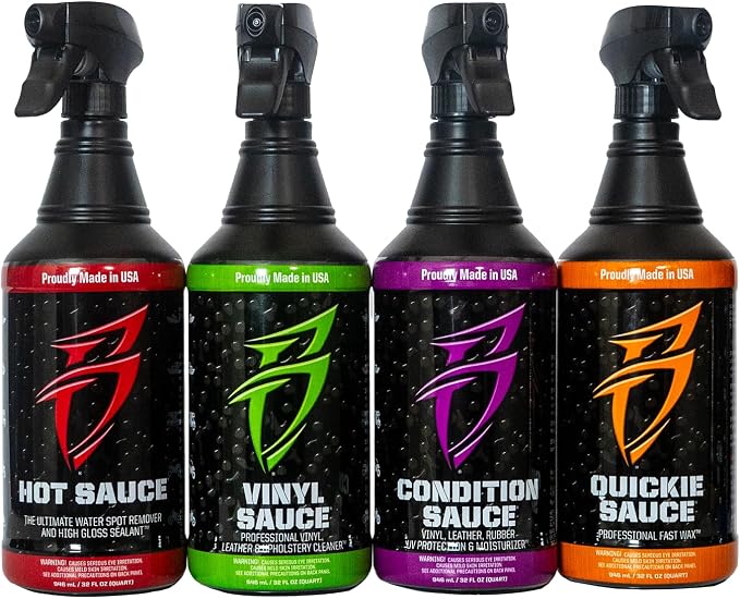Bling Sauce Boat Essentials Cleaning & Detailing Kit, 4-Pack, 20 oz Each | Four marine care sprays tackle hard water spots, vinyl, interiors and fast wax shine in one compact detailing bundle