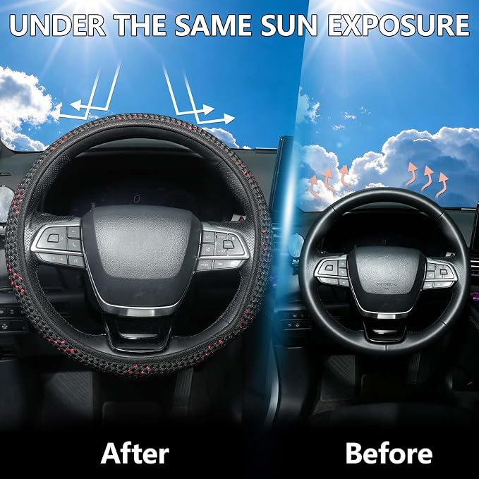 KAFEEK Elastic Mesh Car Steering Wheel Cover, Cute Black Red, 15 Inch | Cooling Breathable Fabric, Non Slip Protector for Women Men, Summer Winter, Universal Fit