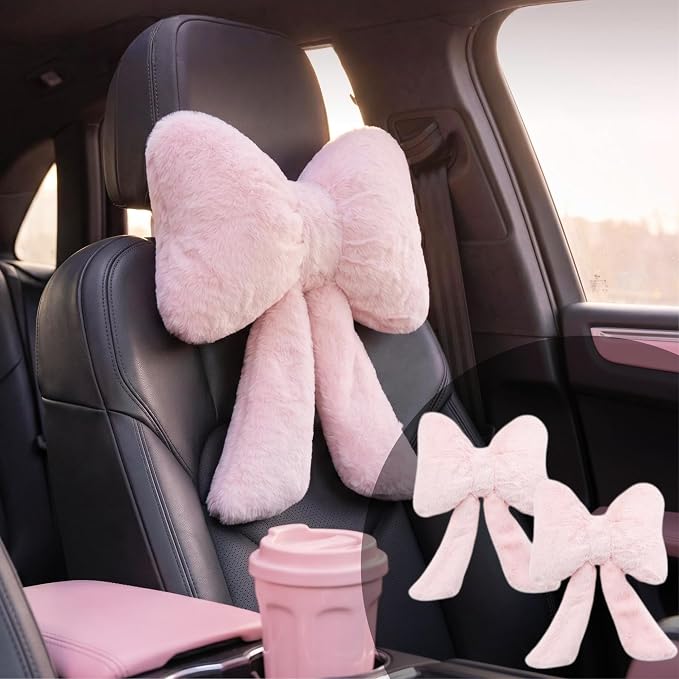 Car Neck Pillow 2PCS Plush Bowknot Car Headrest Pillow – Comfortable Neck Support for Driving Soft Touch Fabric Car Pillow Cute Interior Decor (Pink)