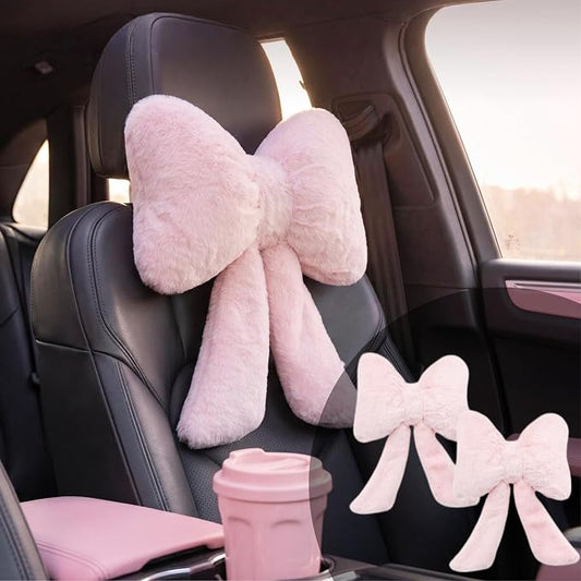 Car Neck Pillow 2PCS Plush Bowknot Car Headrest Pillow – Comfortable Neck Support for Driving Soft Touch Fabric Car Pillow Cute Interior Decor (Pink)