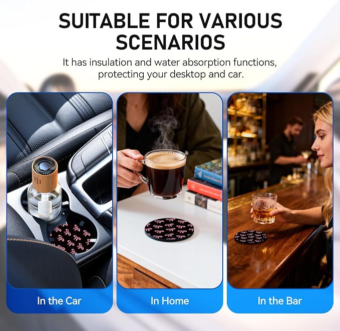 Car Coasters for Cup Holders, Car Cup Holder Coaster, Cute Car Accessories for Women Interior, 2 Pack 2.75" Anti Slip Silicone Cup Mat - Black Pink Ribbon Bow (Black Bows)