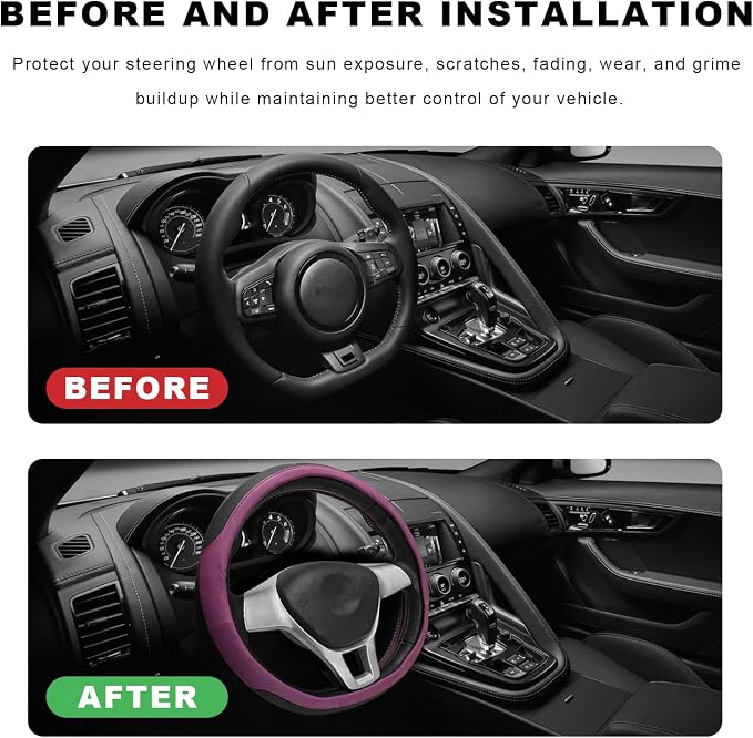 Sun Walker Steering Wheel Cover, Breathable Leather Steering Wheel Covers with Perforated Sides, Anti-Slip Comfortable Grip Auto Sleeve for 14.5-15 Inch Wheels, Car Accessories (Purple)