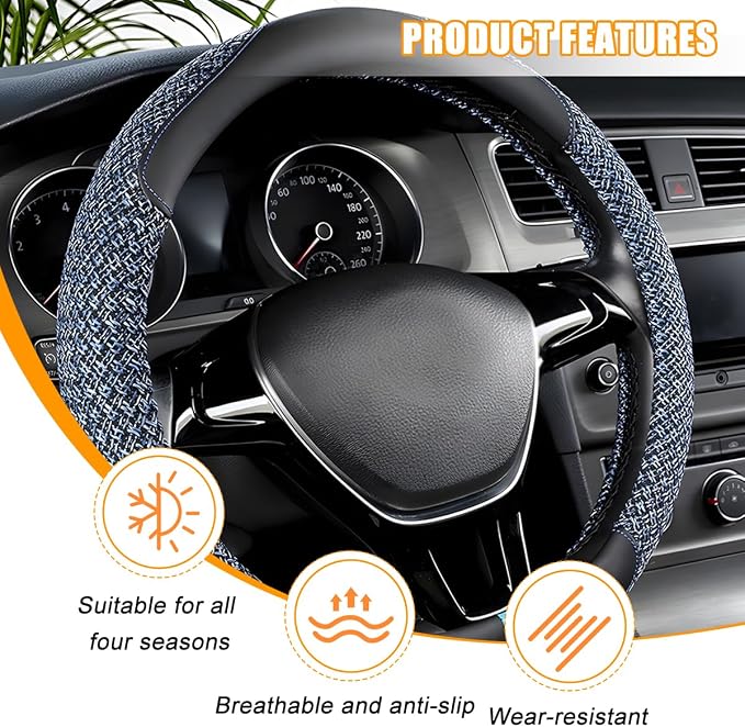 Zpana Car Steering Wheel Cover, 14.5-15" Breathable Linen Sporty Vehicle Steering Wheel Protector with Non-Slip Lining, Automotive Interior Decoration Accessories, Universal Fit (Black/Blue)