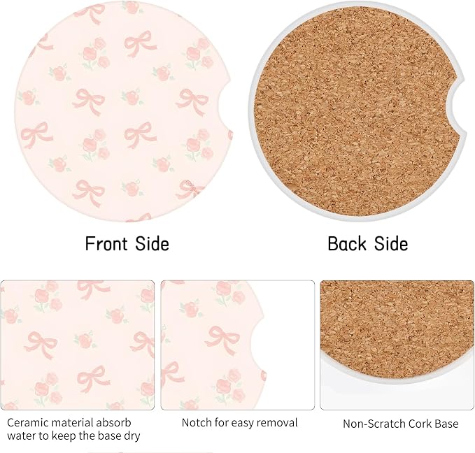 Cute Bowknot Car Coasters,Absorbent 2 Pack for Cup Holders with Finger Notch,2.56 inches Ceramics Heat Resistant Anti Slip Cork Base Car Drinks Coasters Auto Cup Holder
