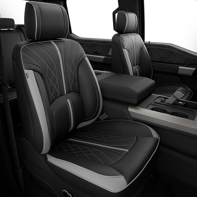 FREESOO Leather Seat Covers for Ford F150 SuperCrew 2015-2026 Front Seats | Fits F250/F350/F450 Super Duty 2017-2026, Custom Fit, Waterproof, Bucket Seat, Airbag Compatible, Lumbar Support, Easy-clean