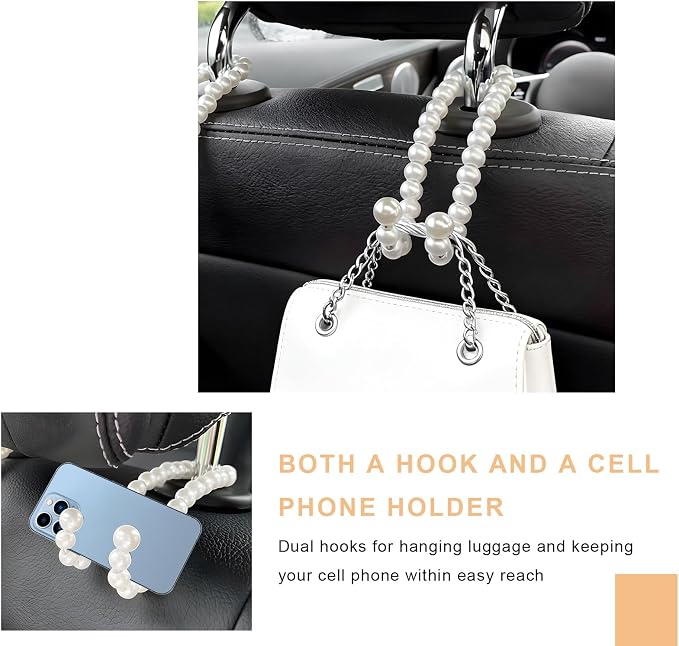 Elegant Pearl Car Seat Headrest Hook, Cute Pearl Car Seat Back Hook Storage Organizer, Exquisite Headrest Hanger Purse Holder Interior Decoration for Women Girls