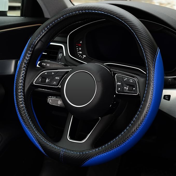 LABBYWAY Microfiber Leather Auto Car Steering Wheel Cover, Universal Fit 15 Inch Anti-Slip Wheel Protector, Blue