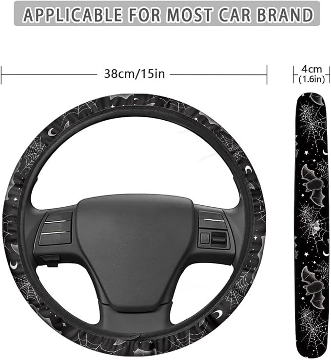 AFPANQZ Automotive Steering Wheel Covers for Driver Universal 14 to 15 in | Bat Spider Web Print Steering Wheel Protector with Cloth for Women, Keep Warm Comfort Grip, Sweat Absorption Neoprene