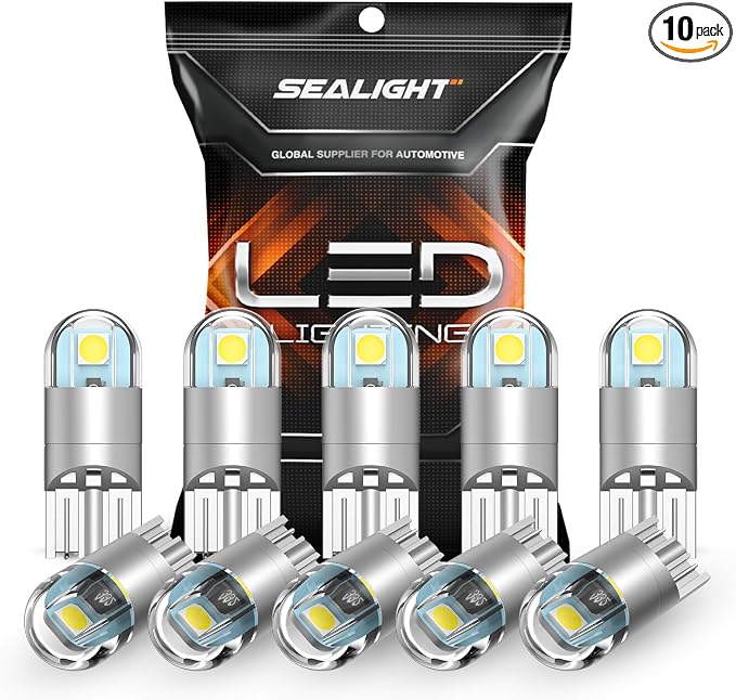 SEALIGHT 194 LED Bulb 6000K White, License Plate Light, Dome Light, T10 168 2825 W5W 3030 Bright Chips Wedge for Replacement Light Bulb, Map Trunk Door Courtesy Dash LED Light Bulb,Pack of 10