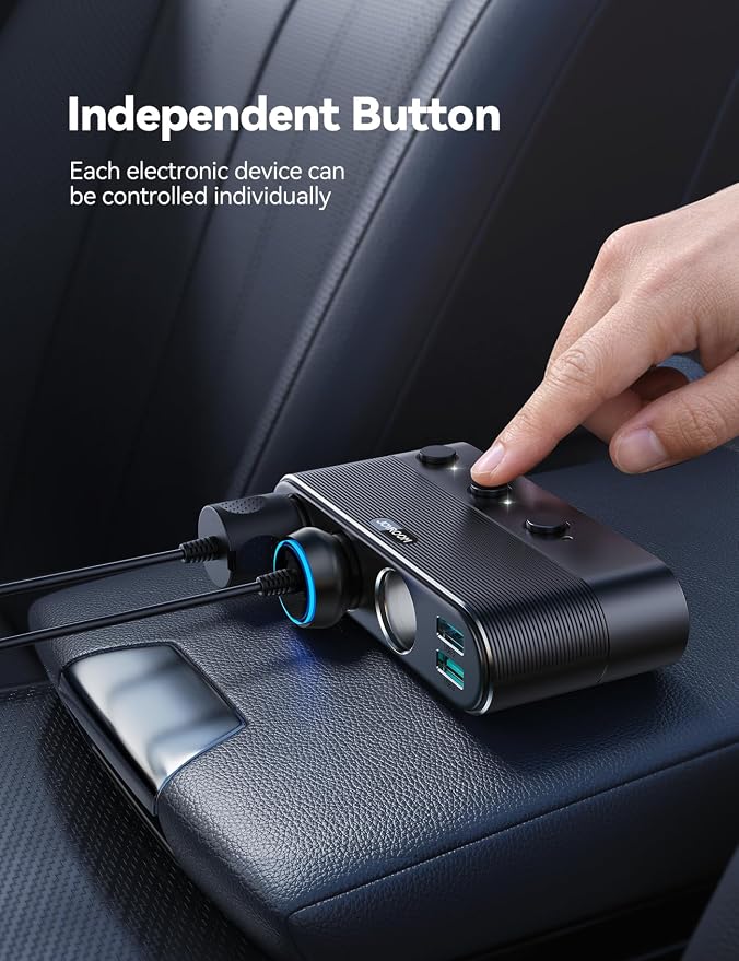 179W 7 in 1 Cigarette Lighter Splitter, PD30W Fast Charging Adapter for Car | PD30W Type-C, 39.6IN Extension Cable, 12V/24V Cigarette Lighter Adapter, 3 USB Ports, Independent Switches, Voltage Display