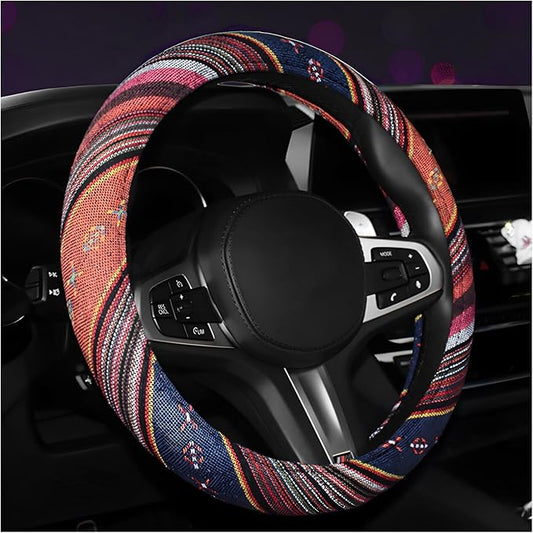 Boho Steering Wheel Cover, 15 Inch Coarse Flax Cloth Ethnic Style Anti-Slip Car Wheel Wrap, Universal Breathable Bohemian Steering Wheel Protector for Cars Vans Trucks (C)