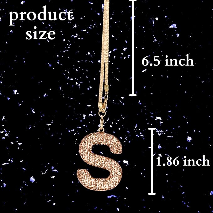 Bling Car Accessories for Women Letter Charm, Rainbow Crystal Rearview Mirror Pendant, Cute Diamond Rhinestone Car Decor, Lucky Gift for Women(S, Champagne Gold)