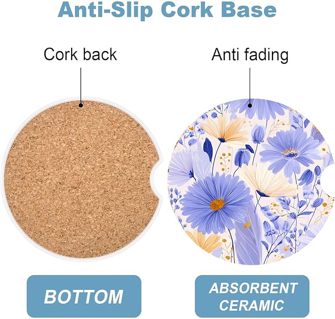 Car Cup Holder Coaster Set of 2, 2.56 in Ceramic Coasters, Scratch-Resistant Cork Backing, Finger Groove Design for Easy Placement, Cute Car Accessories Interior for Women (Purple Flowers)