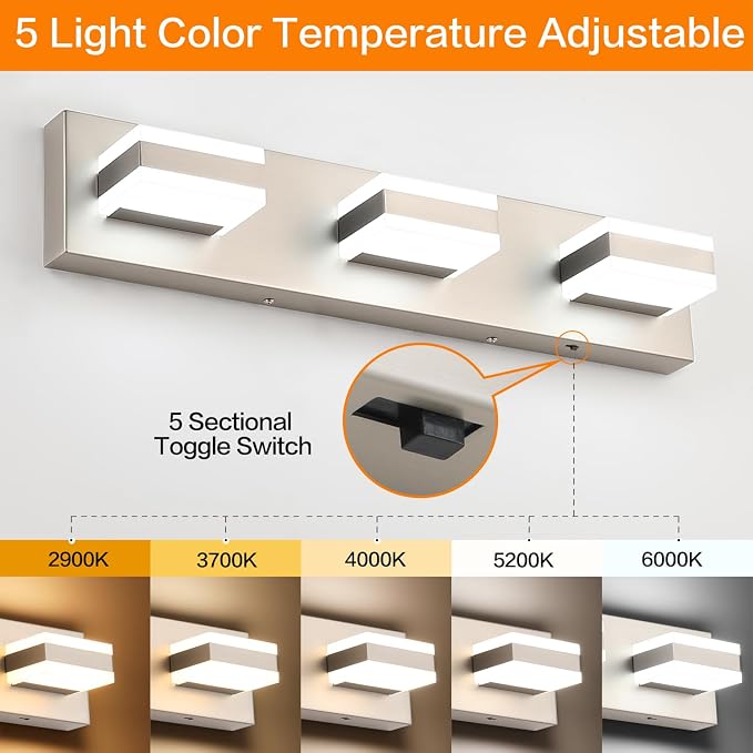 SOLFART Vanity Lighting Over Mirror, 3 Lights Brushed Nickel Bathroom Light, Modern LED Light Fixtures, 5 Color Temperature Adjustable Modern Light for Bathroom ETL Listed