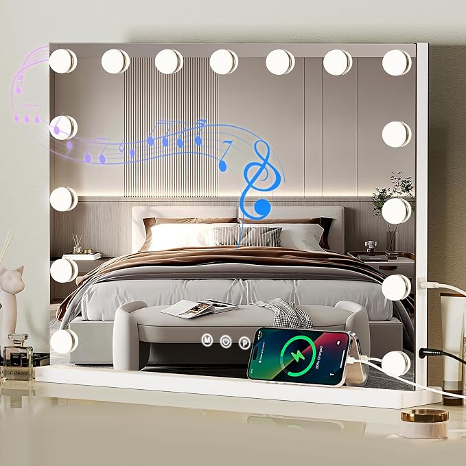 Vanity Mirror with Lights, Bluetooth, 10X Magnifier, 23 x 18 in | 15 LED bulbs, 3 color modes, desk or wall mount, USB charging port