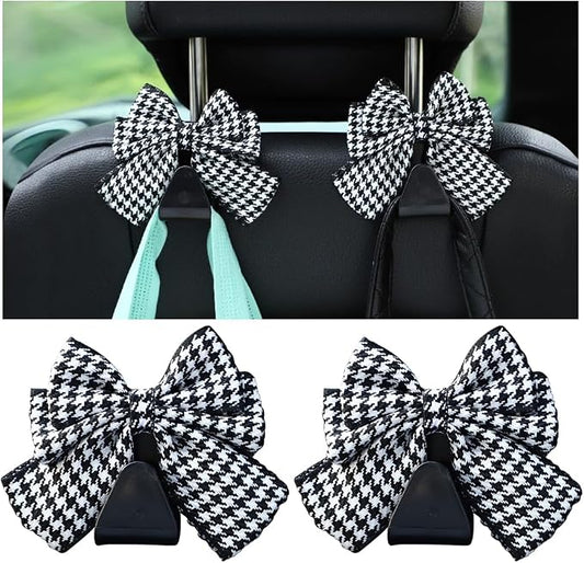 Mandark 2PCS Car Seat Headrest Hooks, Cute Bow Vehicle Hooks for Purses and Bags, Automotive Purse Hook Hanger Interior Decoration Accessories, Universal for SUV, Sedan, Truck (Black/White Line)