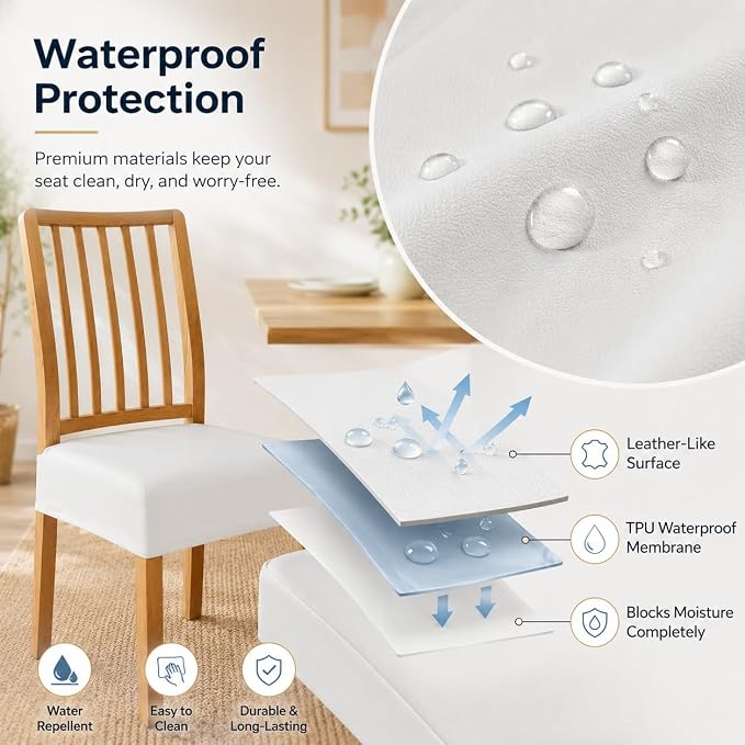 NILUOH Waterproof Seat Covers for Dining Room Chairs Set of 2, Pu Leather Chair Seat Slipcovers Dining Chair Cover Removable Washable Chair Protctor Cover, Rear Covers (PU-White)