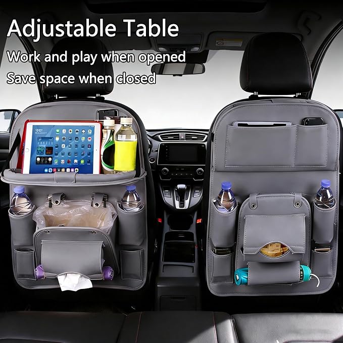 Car Backseat Organizer with Foldable Table Tray, Leather Seat Back Organizer with Trash Bin, Tablet Holder, Kick Mat Protector, Back Seat Storage for Cars, Gray