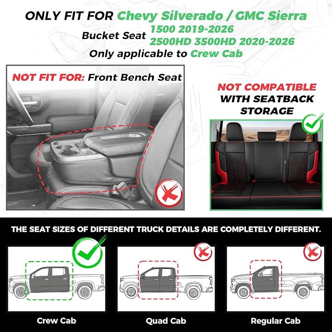 Truck Leather Seat Covers for Chevy Silverado Gmc Sierra 2019-2026 | Crew Cab 1500/2500/3500HD, Bucket Seat, NO Rear Seatback Storage, Scratch-resistant, Easy-clean, Pickup Protector, Full Set