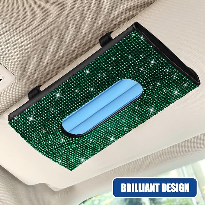 Bling Car Sun Visor Tissue Box Holder, Visor Accessories, Rhinestone PU Leather Crystal Sparkling Napkin Holder, Auto Sun Visor Paper Towel Cover Case Accessories for Most Cars (Green)