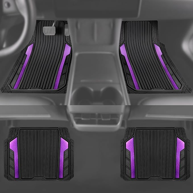 CAR PASS Heavy Duty Rubber Car Mats Metallic,Aluminum Film All Weather Floor Mats Waterproof Universal Trim to Fit SUVs Sedans Vans 4 Piece Anodized Deep Dish Two-Tone Sporty Black Purple Chrome