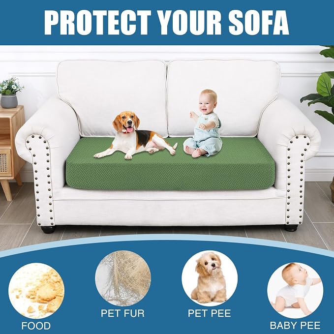 Smiry Waterproof Couch Cushion Covers, Stretch Jacquard Thick Sofa Cushion Covers, Washable Seat Slipcover Elastic Furniture Protector for Pets, Kid (Medium, Grass Green)