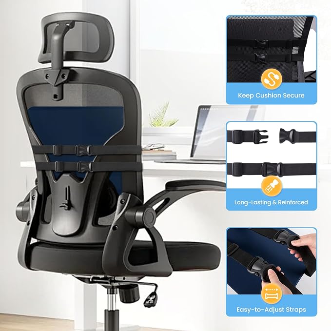 SweetSlubr Large Lumbar Support Pillow for Office Chair, Car Seats and Home Desks, Ergonomic Back Support with Double Adjustable Straps, Machine Washable Cover (Blue,XL)