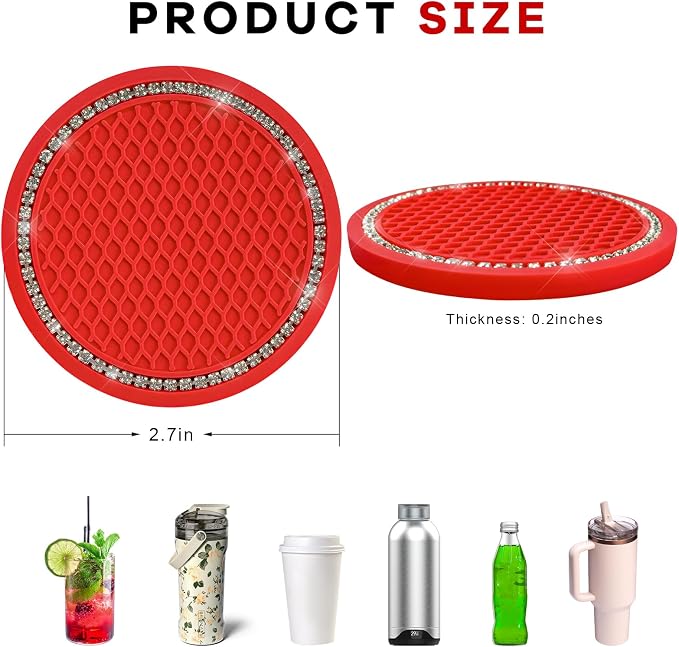 2PCS Bling Car Cup Coaster, 2.69 Inch Anti-Slip Auto Cup Holder Drink Mat w/Crystal Rhinestones, Universal Shiny Diamond Vehicle Insert Coasters Cups Mats for Women (Red & White)
