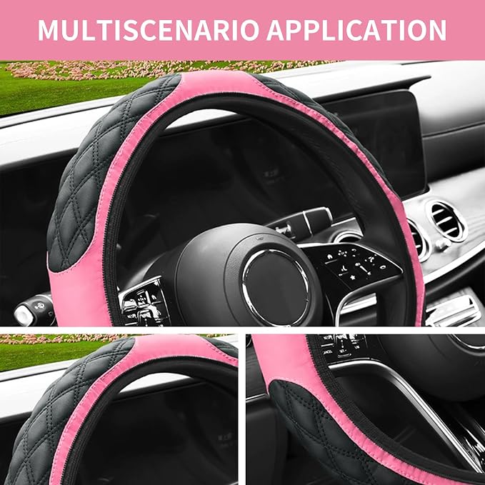 15 Inch Leather Steering Wheel Cover, Automotive Accessories Breathable Anti-Slip Elastic Soft Wheel Protector, Fit for Most SUVs Trucks and RVs (Pink)