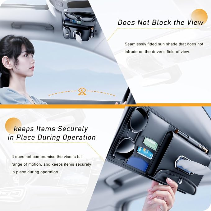 Tumecos Car Sun Visor Organizer with Tissue Holder, Auto Consoles Organizer with Sunglass Clip,Multi-Pocket Visor Accessories for Truck, SUV，Card/Pen/Driver's License Storage