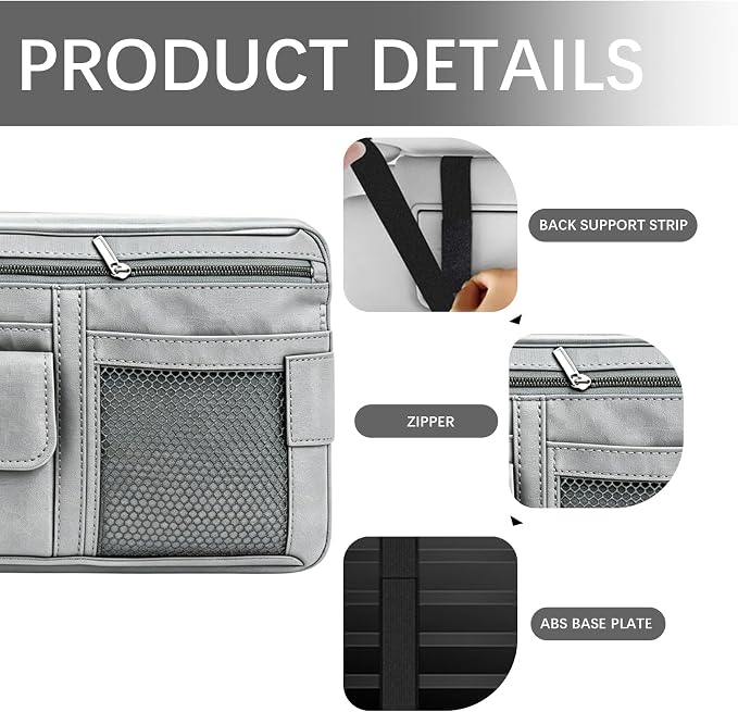 Car Sun Visor Organizer, Visor Accessories, Leather Sunvisor Pocket Organizer Case with Multi-Pocket Net Zipper, Waterproof Auto Sunshade Organizer Bag for Card Pen Sunglasses Document (Grey)