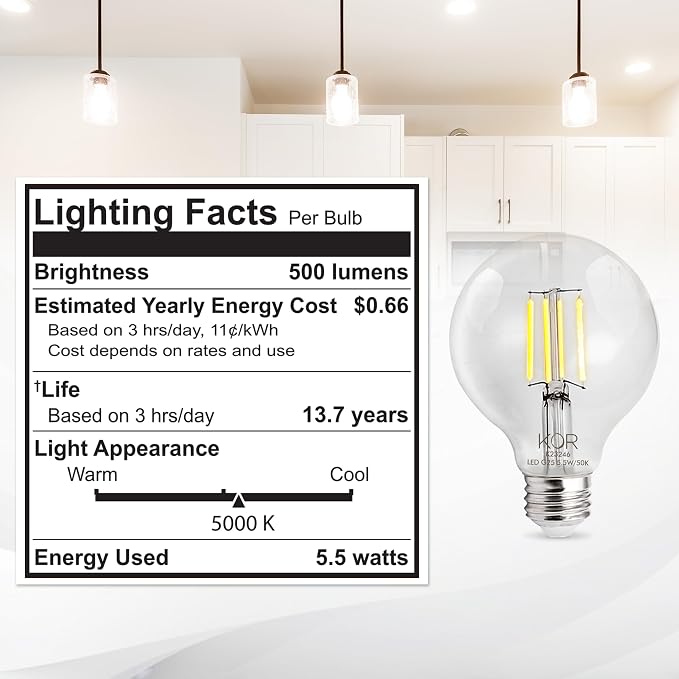 KOR LED G25 Filament Globe Bulbs, 4 pack, 60 Watt Equivalent, 5000K Bright White, Edison Dimmable 5.5W, E26 Medium Base, 500 Lumens, CRI 90, Clear Glass Light Bulbs for Bathroom, Makeup Mirror, Vanity