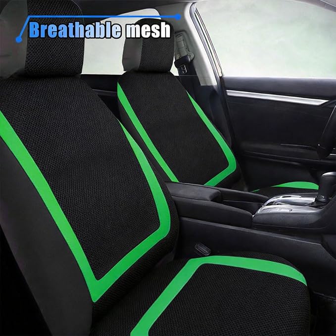 LAINLOY 2 Pack Car Seat Covers, Breathable Seat Protectors, Anti-Slip Driver Seat Cover, Comfortable Front Seat Cover Set Universal Fit for Truck, SUV, Sedan, Airbag Compatible (Black&Green)